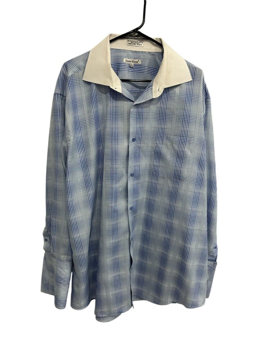 Daniel Ellissa 18.5 Mens Blue White Plaid Dress Shirt Classic Academia Vintage